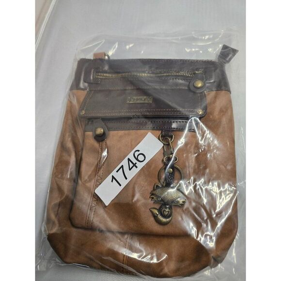 Chala Brown Faux Leather Crossbody Bag With Fox Charm & Zippered Pockets boho - Picture 12 of 12